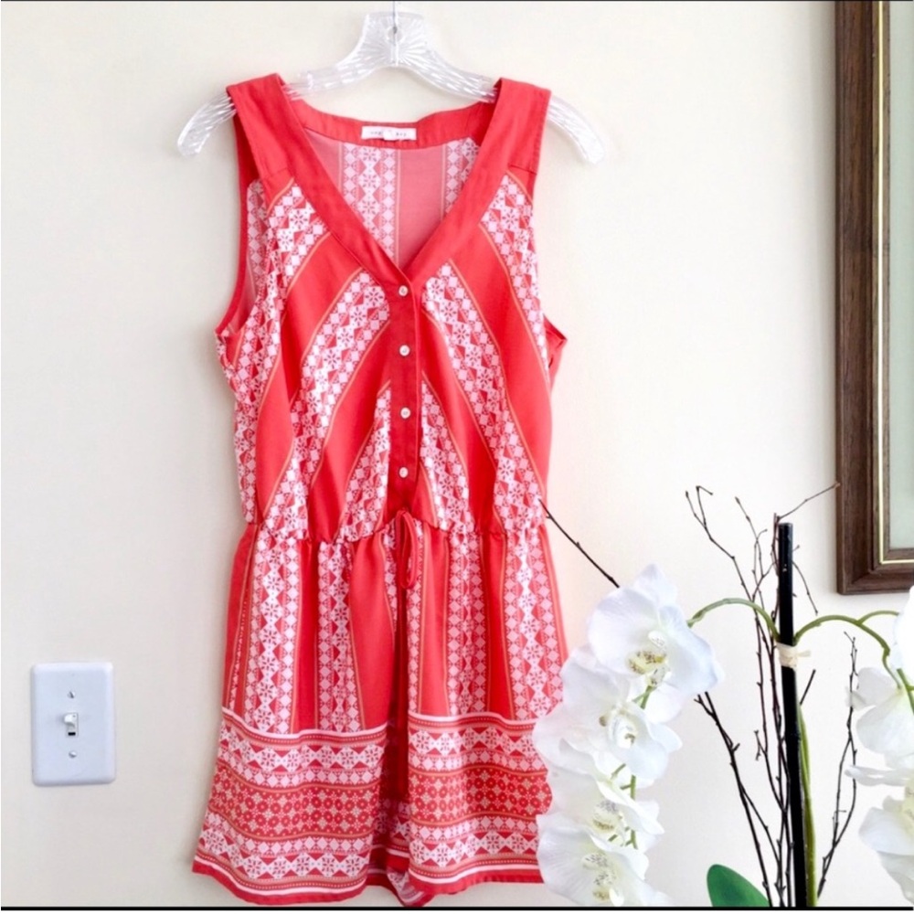 Coral Patterned Button Down Sleeveless Romper